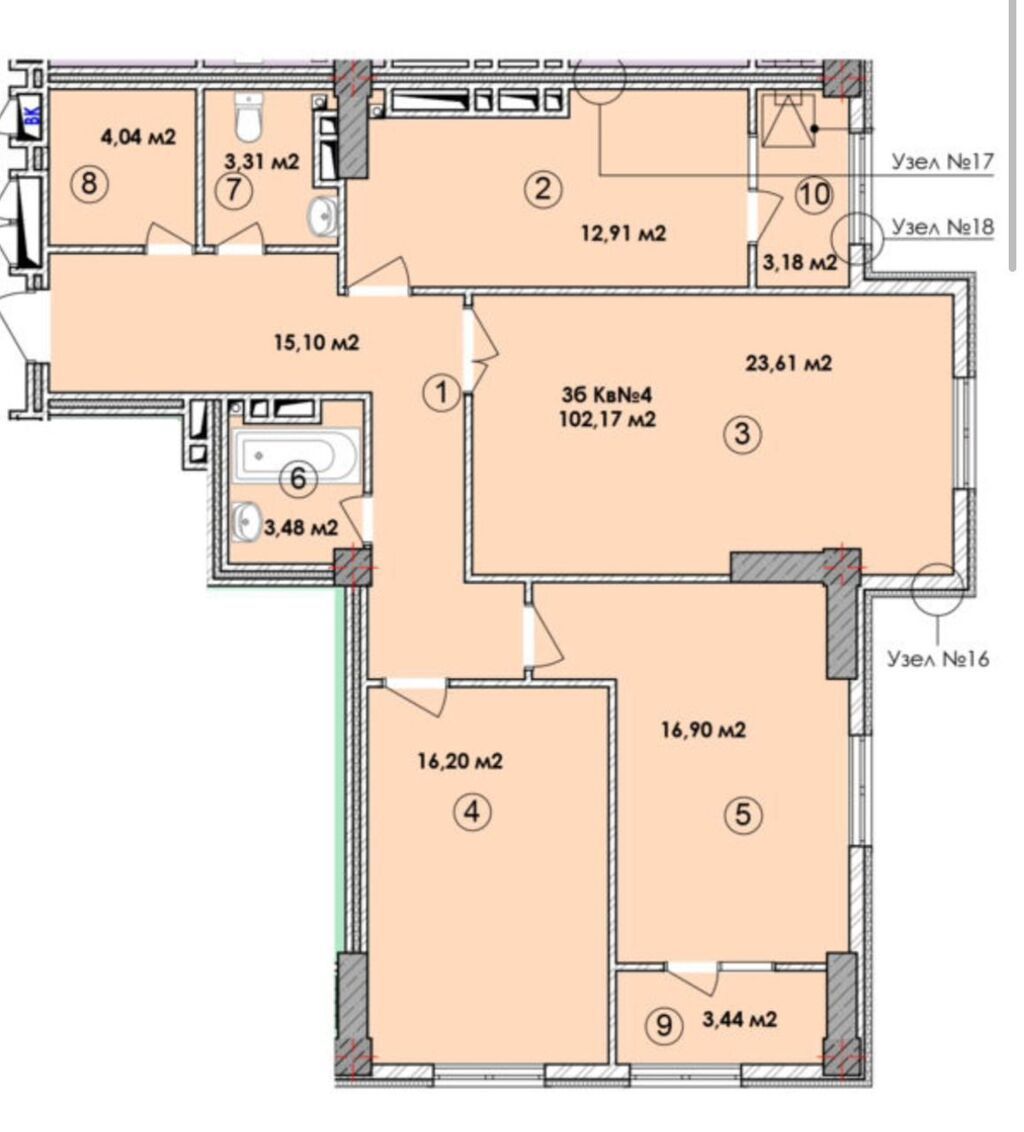 3 комнаты, 102 м², Элитка, 13 этаж, Готовая ПСО (под самоотделку) - фото 1
