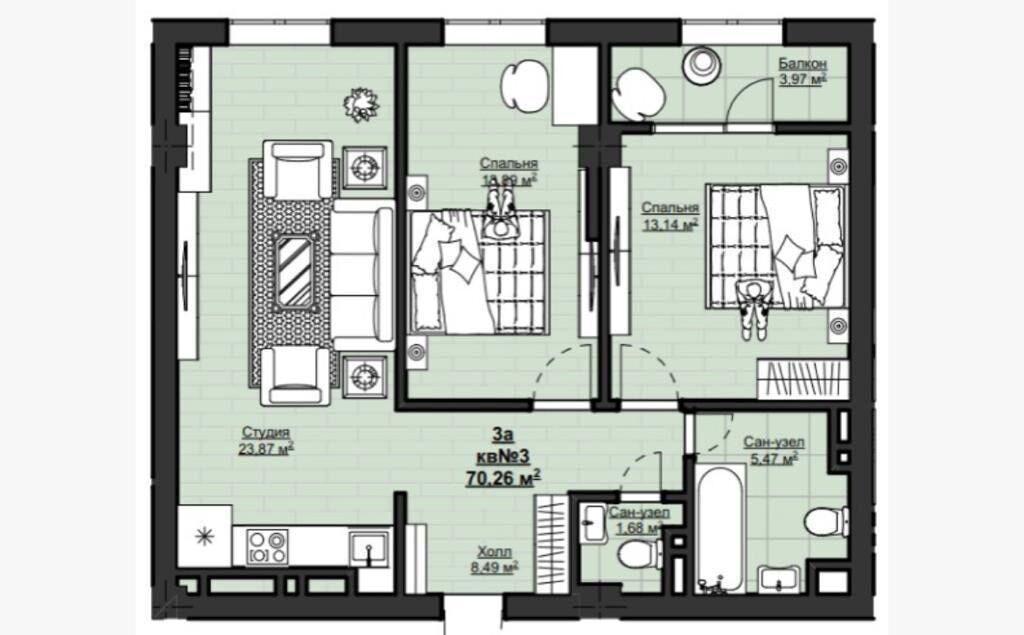 3 комнаты, 70 м² - фото 1