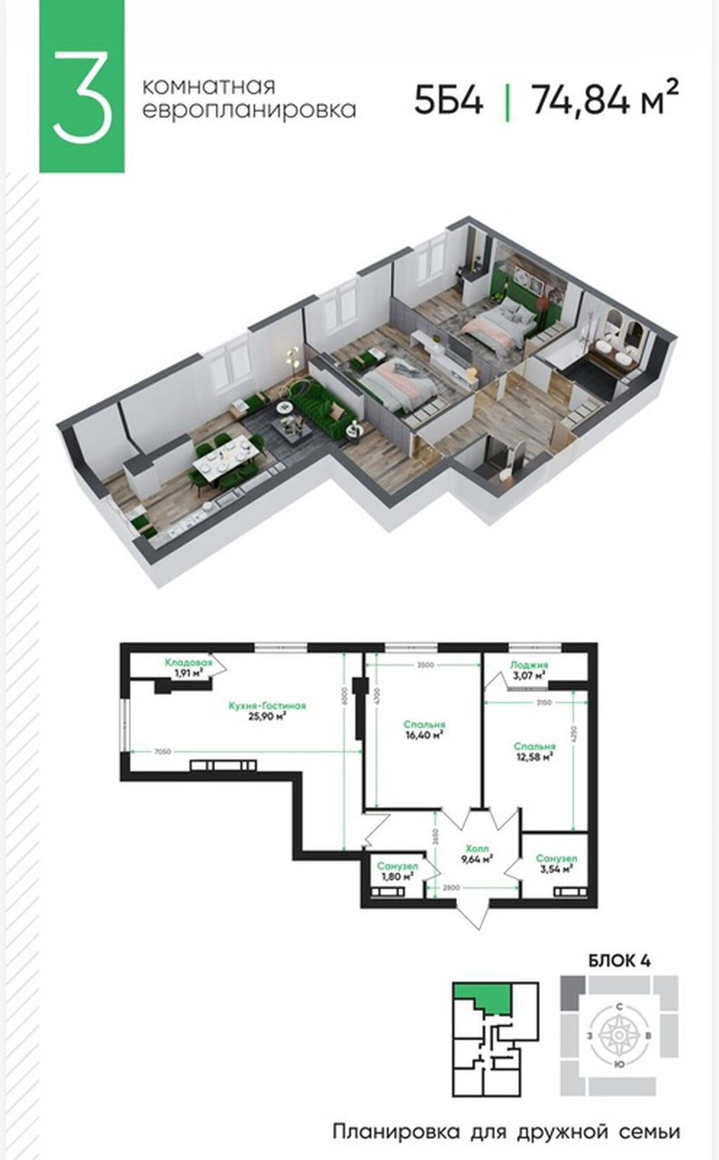 3 комнаты, 75 м², Элитка, 5 этаж, Готовая ПСО (под самоотделку) - фото 1