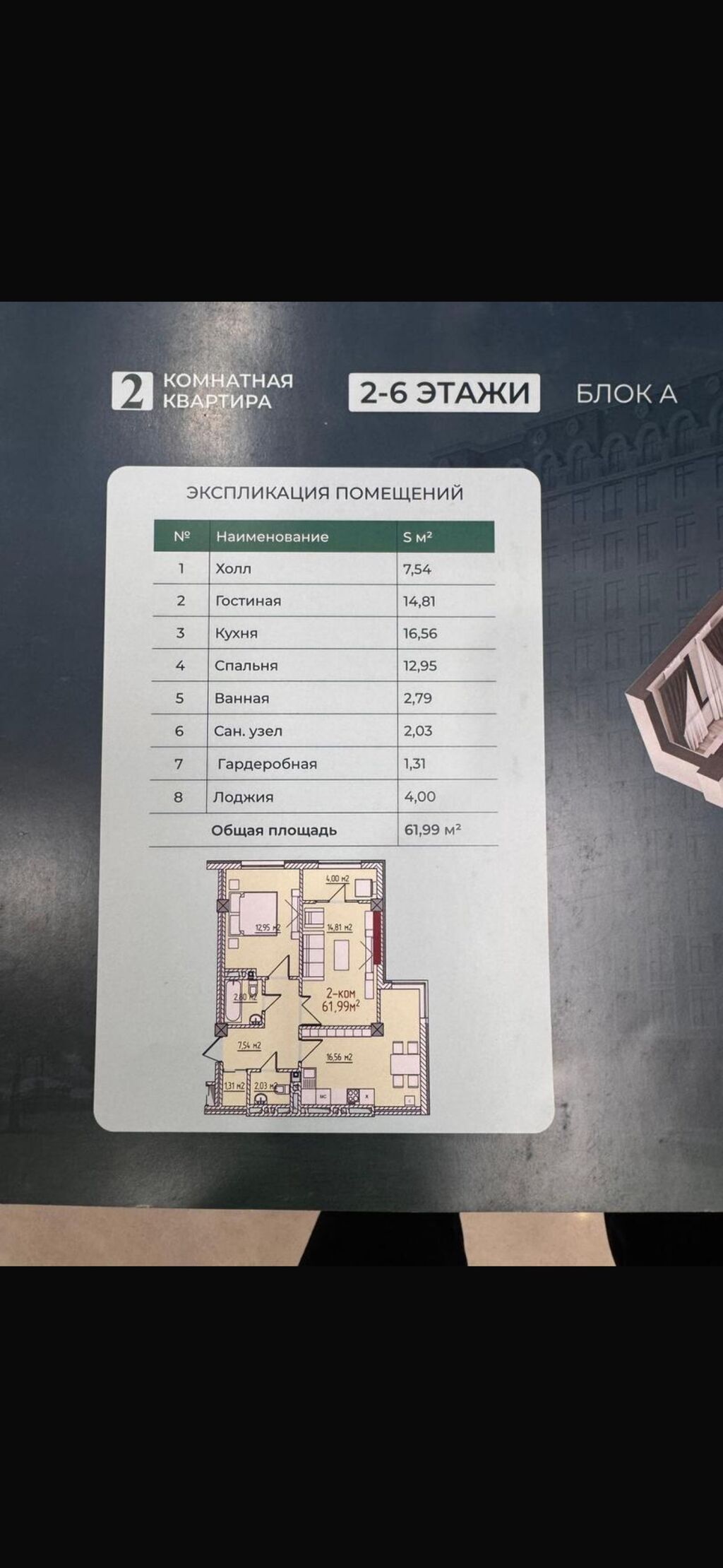 2 комнаты, 62 м², Элитка, 2 этаж, Готовая ПСО (под самоотделку) - фото 1