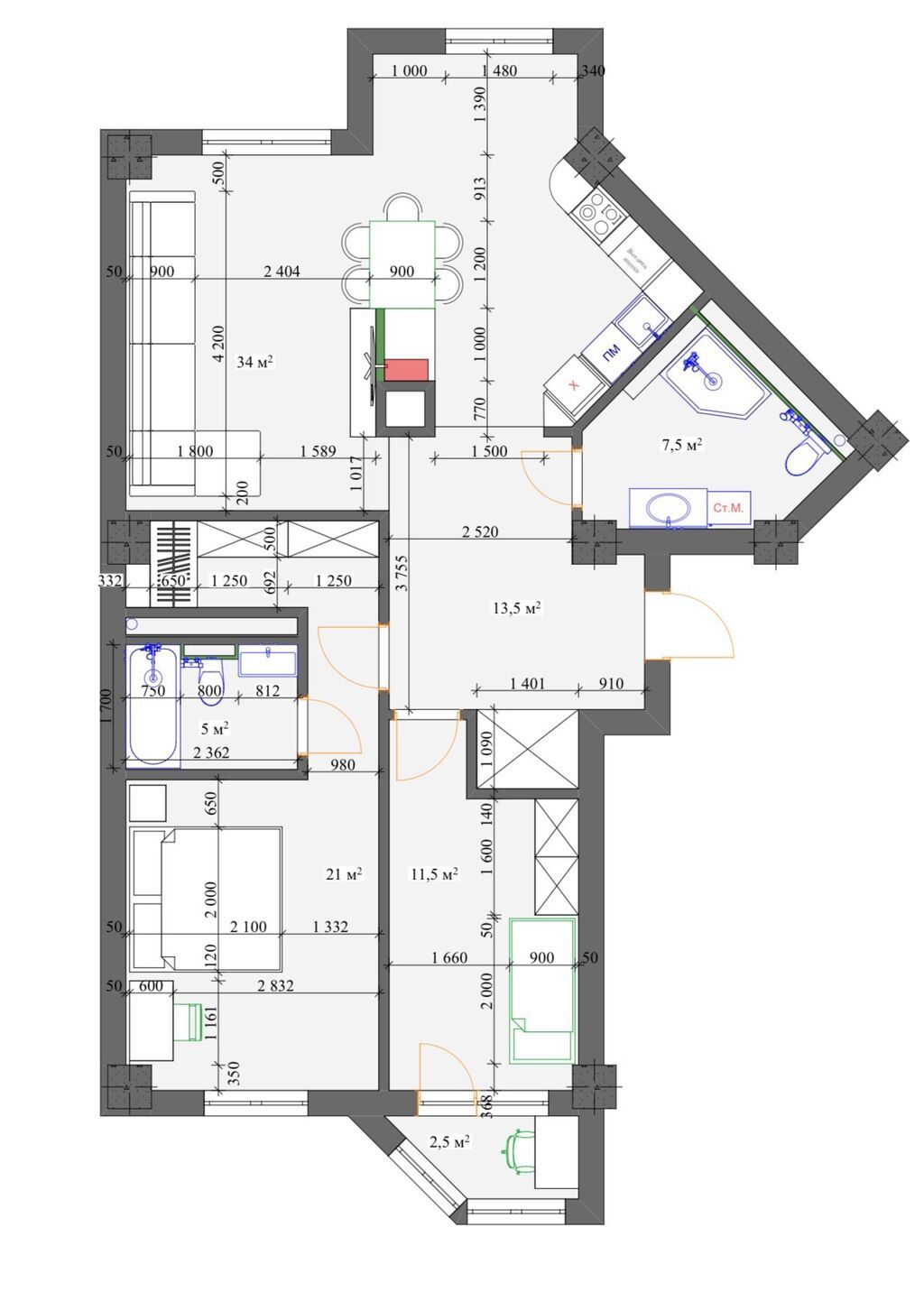 3 комнаты, 90 м², Элитка, 14 этаж, Готовая ПСО (под самоотделку) - фото 1